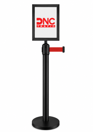 Stâlp de delimitare din inox negru mat, grosime 1mm, cu bandă retractabilă roșie de 3 metri