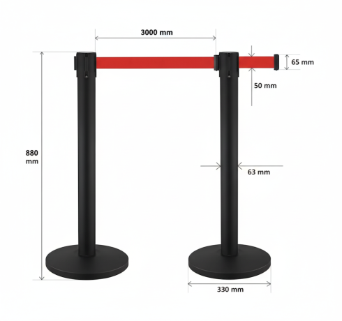 Stâlp de delimitare din inox negru mat, grosime 1mm, cu bandă retractabilă roșie de 3 metri