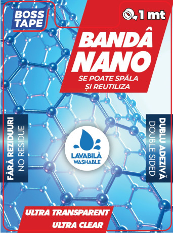 Banda dublu-adeziva, Nano, reutilizabila, lavabila, transparenta, 19mm x 1m