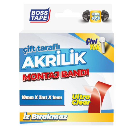 Bandă de montaj acrilică dublu-adezivă, transparentă, 18mm x 3m