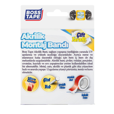 Bandă de montaj acrilică dublu-adezivă, transparentă, 18mm x 3m
