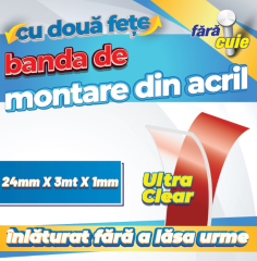 Bandă de montaj acrilică dublu-adezivă, transparentă, 24mm x 3m
