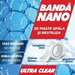 Banda dublu-adeziva, Nano, reutilizabila, lavabila, transparenta, 19mm x 3m