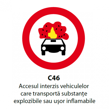 Accesul interzis vehiculelor care transporta substante explozibile sau usor inflamabile, Indicator rutier | Semn de circulatie