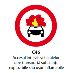 Accesul interzis vehiculelor care transporta substante explozibile sau usor inflamabile, Indicator rutier | Semn de circulatie