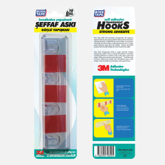 Suport cu 4 cârlige tip cuier cu adeziv 3M, max 10kg, dimensiune 21x5cm, TRANSPARENT