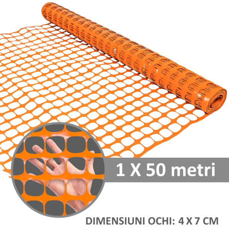 Plasa imprejmuire lucrari 1m x 50 metri, 90 gr/mp, ochiuri 4x7cm, Portocaliu Intens