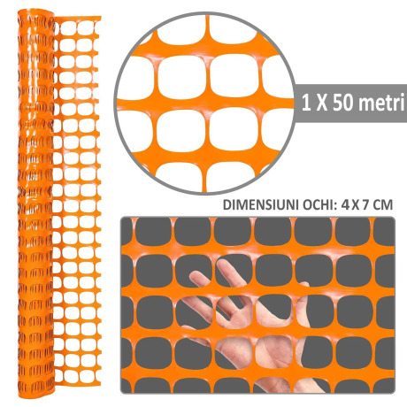 Plasa imprejmuire lucrari 1m x 50 metri, 90 gr/mp, ochiuri 4x7cm, Portocaliu Intens