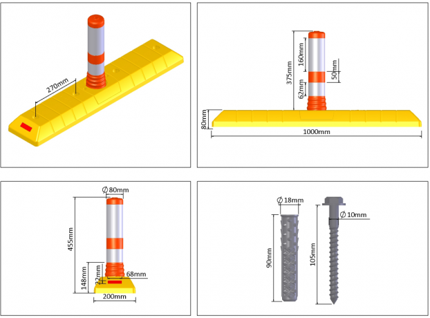 Separator de sensuri cu stalp flexibil portocaliu, inaltime 45cm
