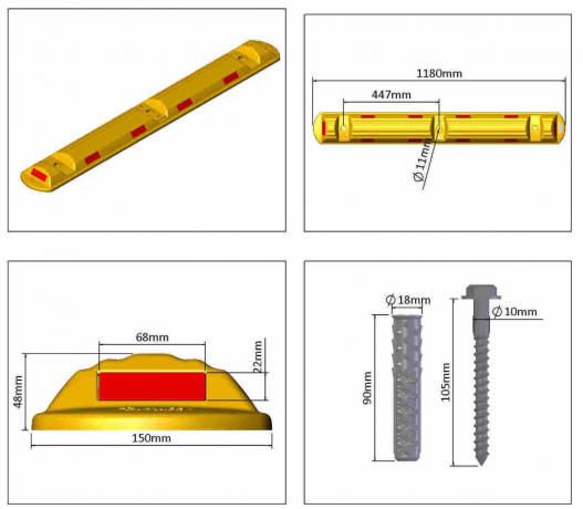 Separator de sens din cauciuc, galben,  catadioptrii rosii, lungime 1.2m