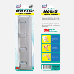 Suport cu 4 cârlige tip cuier cu adeziv 3M, max 10kg, dimensiune 21x5cm, ALB