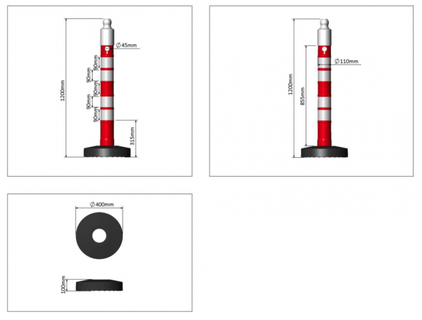 Stalp mobil cu 4 benzi reflectorizante, inaltime 1.20m, baza umpluta cu pietris, greutate 12kg