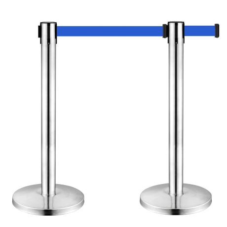 SET 2 stâlpi inox delimitare cu bandă retractabilă ALBASTRĂ