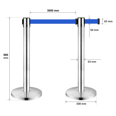 SET 2 stâlpi inox delimitare cu bandă retractabilă ALBASTRĂ