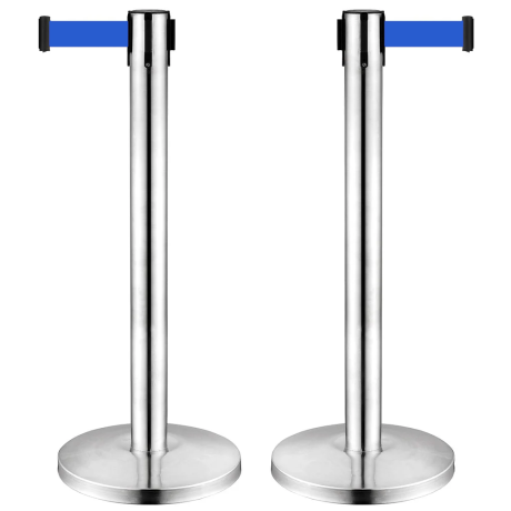 SET 2 stâlpi inox delimitare cu bandă retractabilă ALBASTRĂ