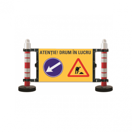 Bariera semnalizare, 2 stalpi cu greutate 12kg, panou semnalizare lucrari si ocolire stanga