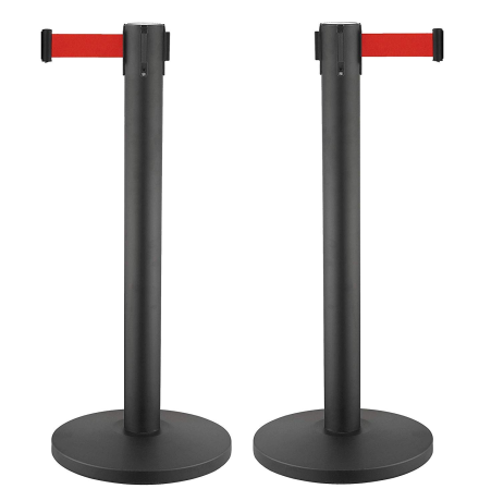SET 2 stâlpi negri din inox pentru delimitare, bandă retractabilă ROȘIE 3 metri, mați