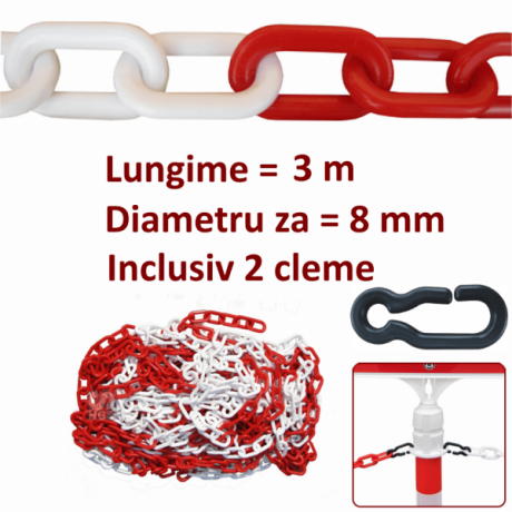 Lant Plastic Delimitare, Alb Rosu, 8mm, 2x carabine, lungime 3m