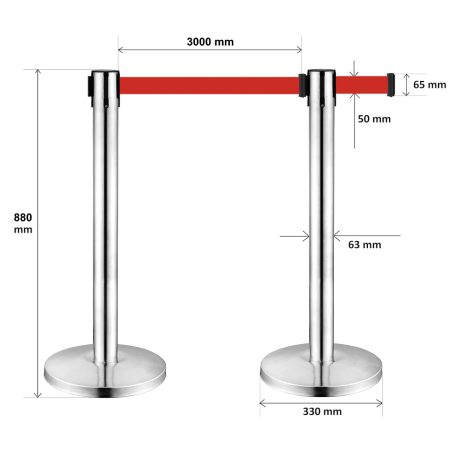 Stalp Delimitare cu Banda (3 metri) Retractabila, Rosie